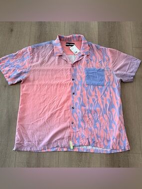 Double Rainbouu Shirt Men’s SZ XL Button Up Short Sleeves Rayon Summer Pink/Blue